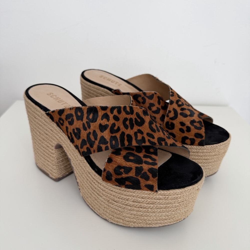 Schutz Lora Wedge Platform Slide‎ 10 B Espadrille Jute Leopard Sandals Boho